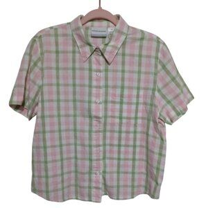Alfred Dunner Pink and Green Plaid Button Up Short Sleeve Blouse size 16P